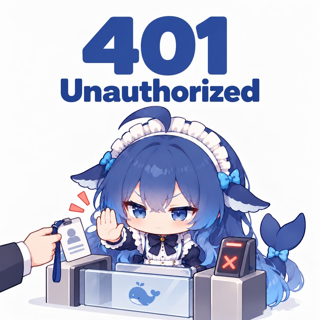 DeepSeek-chan at a security gate, holding up a hand to refuse an ID card offered by a man in a suit.