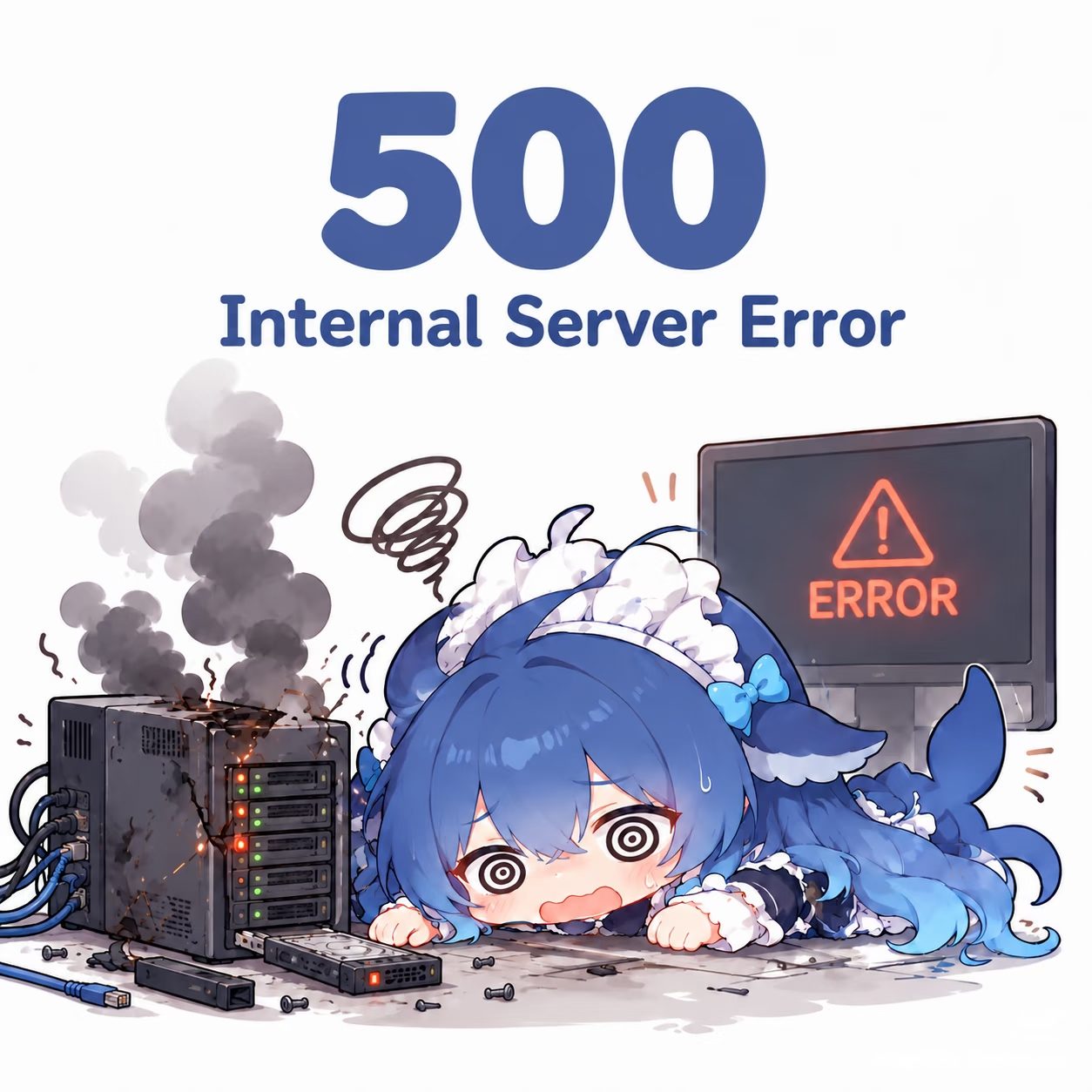 DeepSeek-chan collapsed on the floor beside a smoking server rack and a monitor showing an error.